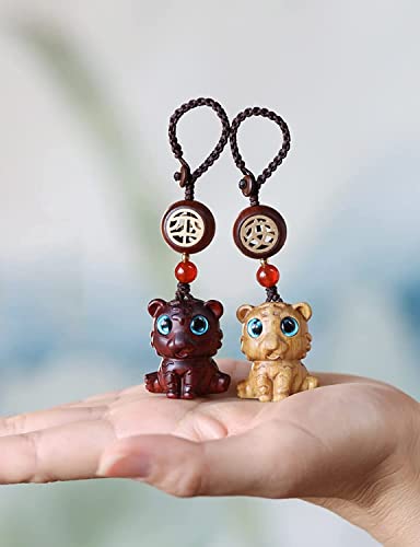 ROBAUN Drewniany tygrys brelok wisiorek, uroczy chiński zodiak tygrys narodziny zwierzę breloczek do kluczy, kształt zwierzęcia zawieszka do kluczyka samochodowego, pomarańczowy, 3.9"