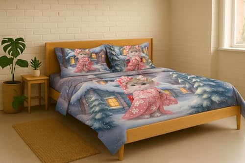 Image of King Size 7D Digital Print Bedsheet - 350 TC Cotton, Kids Friendly Design, Soft & Breathable 180 GSM Fabric, Machine Washable, Gift-Ready Packaging. (108x108 Inches). (Kitty)