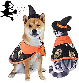 Halloween Pet Costumes,Cat Wizard Costume Dog Costume Cloak Cat Cape Witch Hat Set Pet Wizard Clothing Outfits Halloween Party Cosplay for Small Medium Puppy Dogs Kitten Cats Decoration(Pumpkin)