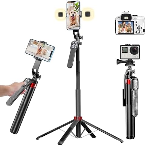Extendable Phone Tripod, 71" Selfie Stick Phone Vlog Tripod Stand Quadrapod with All in 1 Phone Clip, Travel Tripod Phone Holder with Rechargeable Remote for iPhone Sony Canon GoPro… Cover