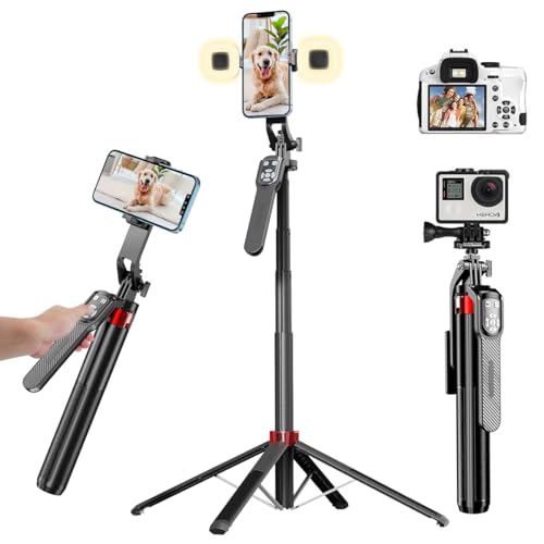 KONPCOIU Extendable Phone Tripod, 71"" Selfie Stick Vlog Tripod Stand Quadrapod with All in 1 Phone Clip, Travel Holder with Rechargeable Remote for iPhone Sony Canon GoPro