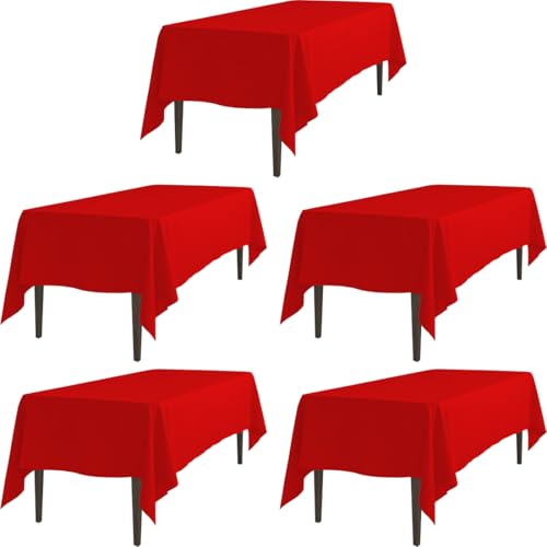 LTC LINENS 5 Pack Red Rectangular Tablecloths 60 x 126 Inch for 8 ft Rectangle Banquet Tables with Half-Drop - Stain and Wrinkle Resistant Polyester Fabric Cloth Table Covers for Wedding, Party