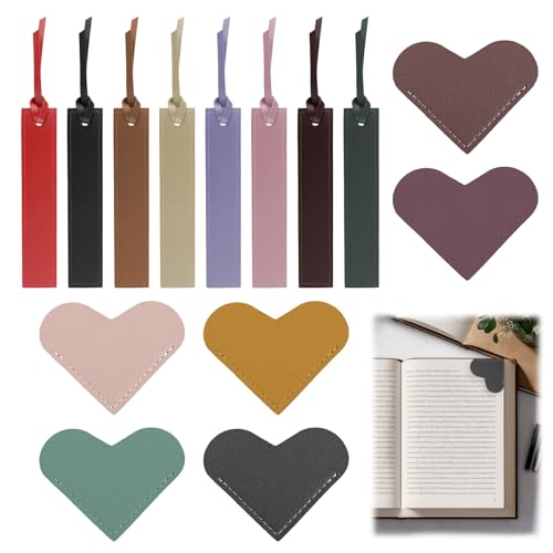 Teccfly 14 Pcs Leather Bookmarks with 8 Long Strip & 6 Heart Leather Bookmarks Set,Classic Stitched Handmade,Personalised Book Marks for Men Women,Book Lovers & Valentine's Day Gifts(12 Colors)