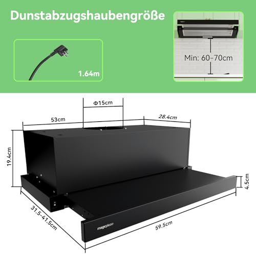 magicplux Flachschirmhaube Dunstabzugshaube 60 cm Schwarz, 370 m³/h Abluft/Umluft, Energieeffizienzklasse A, LED-Beleuchtung, nur 60/65 dB(A), inkl. Aktivkohlefilter | Energieeffizienzklasse A, LED-Beleuchtung, nur 60/65 dB(A), inkl. Aktivkohlefilter – Bild 4