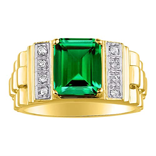 *RYLOS Designer Emerald Cut Green Emerald & Diamond Ring - May Birthstone*