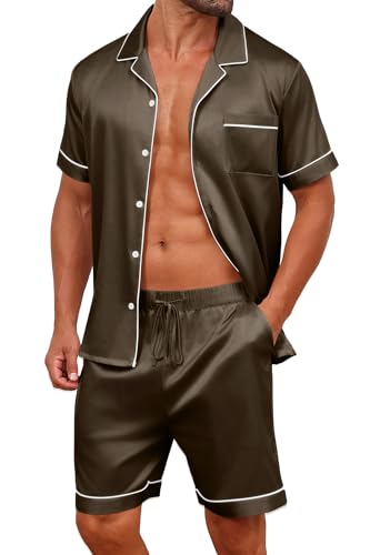 Vssjavun Mens Satin Silk Pajamas Sets Short Sleeve Button-Down Sleepwear Two Piece Loungewear with Pockets