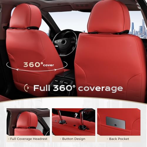 Image of Coverado Front and Back Seat Covers, Red Seat Cover for Cars, Luxury Leather Seat Cover with Lumbar Support, Waterproof Car Seat Cushions Car Seat Protectors Universal Fit for Most Cars SUV Trucks