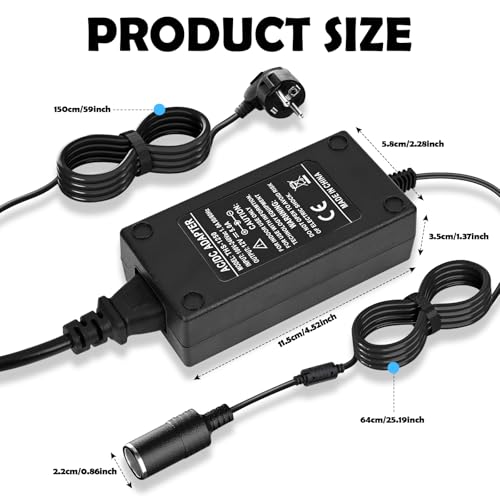 Spannungswandler 230V auf 12V, 5A/60W KFZ Netzadapter 230V auf 12V, mit Zigarettenanzünder Buchse, für Autokühlschrank, Autostaubsauger, Kompressor, Reifenfüller