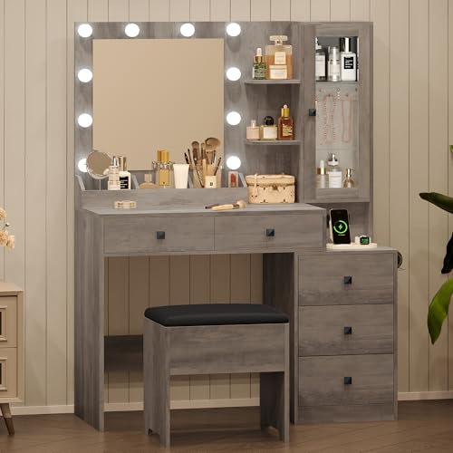 Image of Vanity Desk with Mirror and Lights, Grey Makeup Vanity with 5 Drawers Hidden Jewelry Organizer& LED Glass Cabinet,3 Light Mode and Brightness Adjusted,Vanities Mirror with Lights Desk and Chair