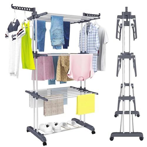 Consejos para Comprar Tendedero portatil favoritos de las personas. 47 Tendedero Plegable para Ropa, Tendedero de Ropa Plegable 3 Niveles, Vertical y Retráctil, Colgador Ropa para Secar con Alas Laterales y Ruedas, Tendedero Portatil modernos para...
