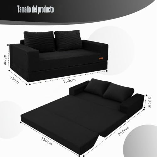 Sofá cama convertible de pana sin montaje para solucionar la falta de espacio negro 3