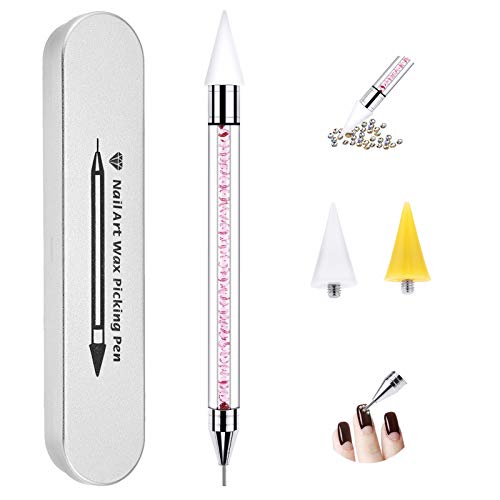 Nail Rhinestone Picker Dotting Tool with Extra 2 Wax Head, Dual-ended DIY Nail Art Pencil Pick Up Applicator