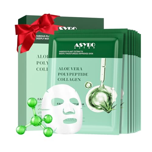 ASYBO 10 Stück Collagen Maske, Aloe Vera Polypeptid Kollagen Gesichtsmasken Hautpflege, feuchtigkeitsspendende Gesichtsblättermaske für Akne, nach der Sonne, beruhigend, Anti-Aging und Anti-Falten