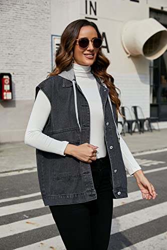 Image of PAODIKUAI Women's Oversized Denim Vest - Sleeveless Distressed Jean Vest with Pockets for Casual Layering