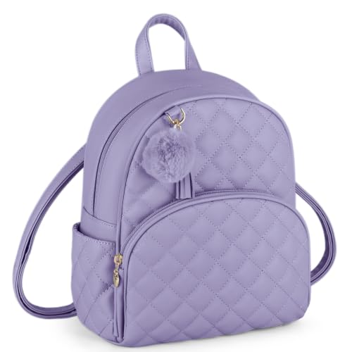 Image of ECOSUSI Mini Backpack for Women Vegan Leather Small Backpack Purse | Cute Pom Bookbag for Ladies Travel Shoulder Bag with Charm Tassel, Purple