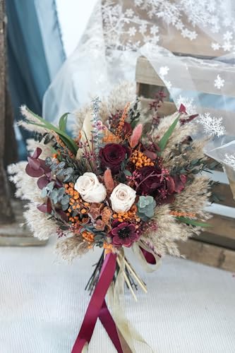 Ramo de Boda Beige Pampas con Flores Artificiales 9 pulg miniatura 3