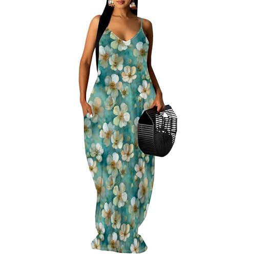 Image of Women's Summer Maxi Dress Spaghetti Strap Floral Boho Beach Long Sundress with Pockets