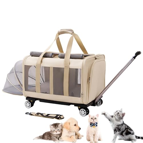 Airline Approved PetCarrier with Wheels, Two Sided Expandable Rolling Carrier, Portable Stroller Backpack for Dogs/Cat on The Trip (Color : Apricot)