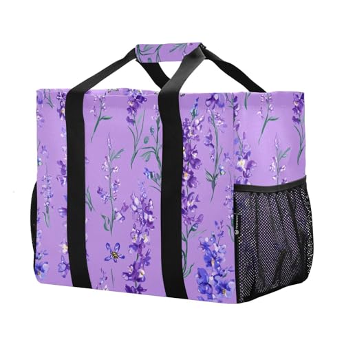 JUNZAN Vintage Delphinium Purple Large Utility Tote Bag Foldable Beach Bag Sandproof Reusable Grocery Bag with Handles Carrier Bags