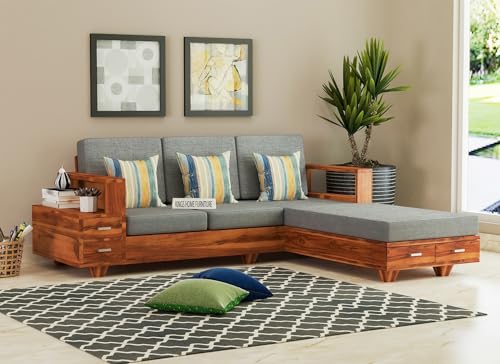 Image of Sheesham Wood 4 Seater L Shape Sofa Set with 2 Drawer Storage | 3+1 Wooden Sofa Set Furniture for Living Room Home Office (L Shape,Honey Finish)