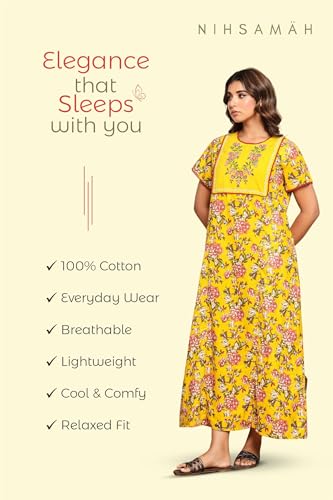 Image of NIHSAMAH Cotton Nighty for Women - Printed Stylish Night Gown, Comfortable Sleepwear Long Nightwear, Maxi