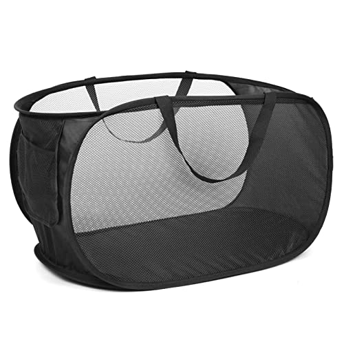 Durable Collapsible Laundry Baskets, Mesh Pop Up Laundry Hamper with Side Pocket, Foldable Clothes Storage Hamper with Reinforced Carry Handles for Laundry, Bathroom, Kids Room, Dorm or Travel Black