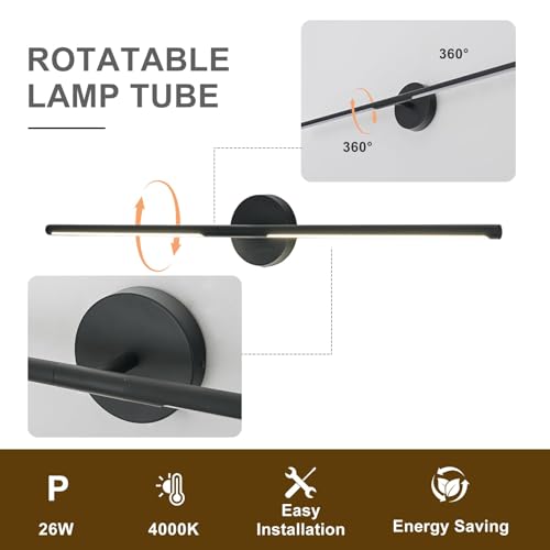 Image of Matte Black Bathroom Light Fixtures Over Mirror 36 Inch, 26W 360 Rotatable Dimmable 4000K Led Vanity Light Bar, Modern Bathroom Vanity Lights Above Mirror