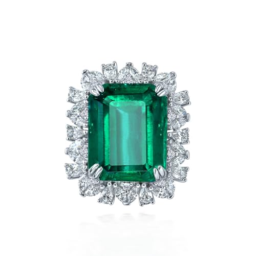 4/9 Carat Rectangular Natural Green Emerald Rings in 14K Solid Gold over S925,with Moissanite Halo, Engagement Promise Band for Women Ladies