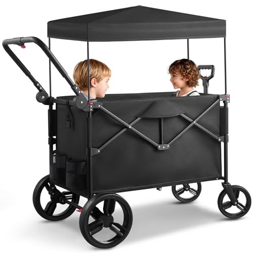 Wagon Stroller for 2 Kids, Baby Wagon Outdoor with Canopy, Collapsible with 5-Point Harnesses, Adjustable Handle & Pull Bar for Infants and Toddlers