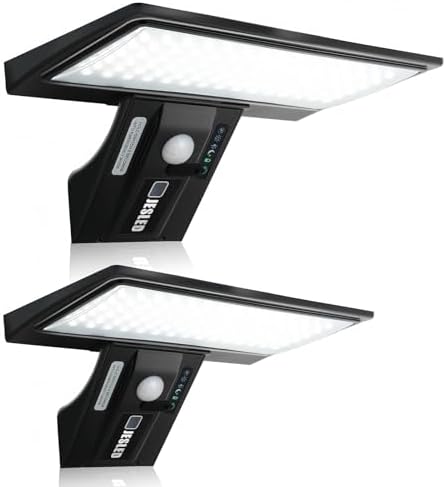 JESLED Luz Solar Exterior, 2 Paquete 90 LED, Foco Potente con Sensor de Movimiento, Impermeable con 4 Modos Inteligentes para Jardín, Patio, Camino, E...