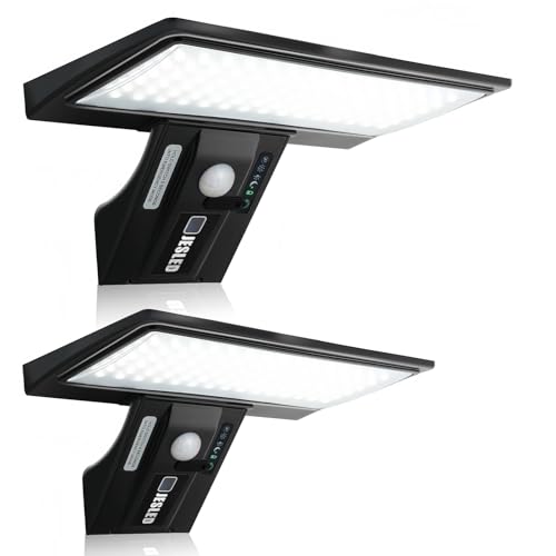 JESLED Luz Solar Exterior, 2 Paquete 90 LED, Foco Potente con Sensor de Movimiento, Impermeable con 4 Modos Inteligentes para Jardín, Patio, Camino, Escalera
