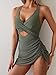 B2prity Women Mesh One Piece Swimdress Swimsuit Tummy Control V Neck Cutout Bathing Suit Wrap Drawstring Sarong Swimwear Army Green
