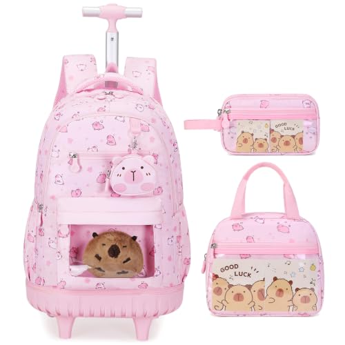 Similove Capybara Theme Rolling Backpack with Lunch Bag & Pencil Case Kids Rolling Backpack for Girls Wheeled School Bookbag with Telescoping Handle for Kindergarten Elementary Middle High School