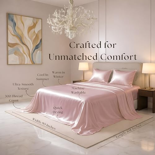 Image of Luxe Ere Satin Bedsheet King Size (90x108) | 300 TC Ultra Smooth Silky Soft Luxury Satin Bed Sheet with 2 Pillow Covers | Premium Satin Bedsheets for Double Bed- Champagne Rose