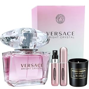 Bright Crystal Perfume for Women 3.0 oz EDT Spray Eau de Toilette – Gift Set Pack with Scented Soy Candle and Empty Travel Perfume Atomizer