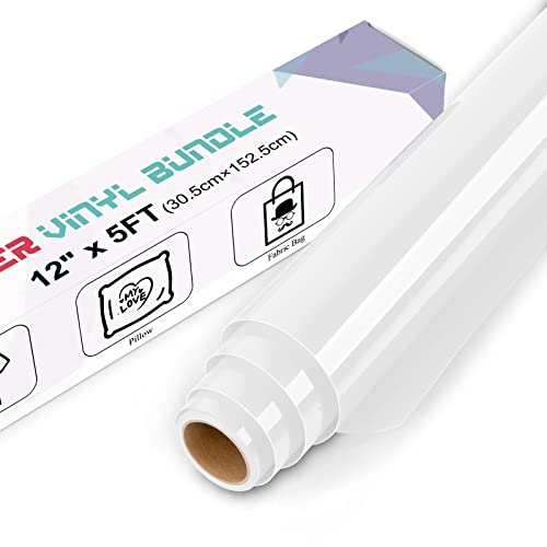 IModeur White Heat Transfer Vinyl 30.5 x 153 cm Iron on Vinyl for Fabric PET Backing HTV Roll for T-Shirts Clothes Hats Bags and Other Textiles Easy to Weed