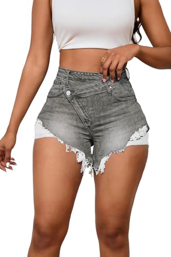 Image of PINSV Women's High Waisted Crossover Jean Shorts Ripped Hem Raw Denim Shorts