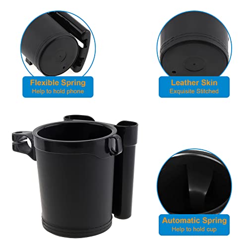 Cruiser Handlebar Fit & E-Bike Compatible Bike Cup Holder - Leather Water Bottle & Phone Mount for Electric/Commuter Bicycles, Keys Storage (Black)