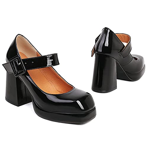 MOOMMO Women Classic Platform Mary Jane Heels Square Toe Chunky High Heel Mary Jane Shoes Ankle Strap Dress Lolita Pumps 4 Inch Block Heel Buckle Strap Sandals Party Casual Wedding Shoes 4-15 M US
