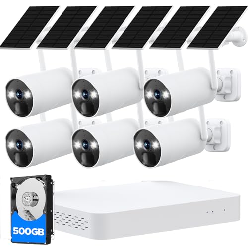 Camcamp 4MP Kit Cámara Vigilancia Exterior Solar, 10CH NVR Camara Vigilancia Exterior, 500GB HDD, PIR Movimiento Detección, Sin Tarifa Mensual, Movimiento Detección, Salida HDMI, 2 vías Audio