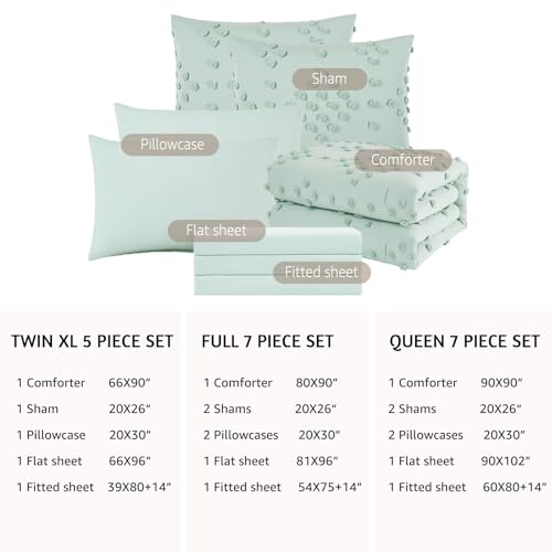 Image of Geniospin Girls Full Size Comforter Sets - 7 Pieces Pom Tufted Bed in a Bag | All Season Shabby Chic Full Size Bedding Sets with Comforter, Sheets, Pillowcases & Shams, Sage Green