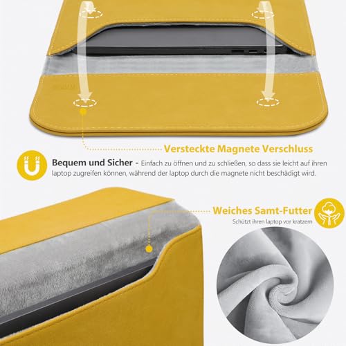 HYZUO 13.3-14 Inch Laptop Sleeve for MacBook Pro 14 M5/M4/M3/M2/M1 Pro/Max 2026-2021, 13.3" MacBook Air/Pro, 13.5-13.8 Surface Laptop, HP Envy 13, Faux Suede Leather Case with Pouch, Olive Yellow - Thumbnail 4