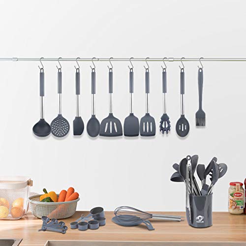 Silicone Cooking Utensils Set, COPLIB Kitchen Utensils|35 Pcs Cooking Utensils Set with holder, Non-stick &Heat-Resistant Cookware with Stainless Steel Handle - Gray - Thumbnail 4