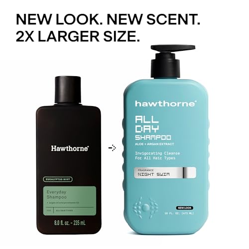 Image of Hawthorne All Day Men's Shampoo and Conditioner Set. Sulfate Free Shampoo and Conditioner with Pure Avocado Oil and Aloe For Stronger, Healthier Hair. Night Swim Cologne Scent. 16 fl. oz. each.