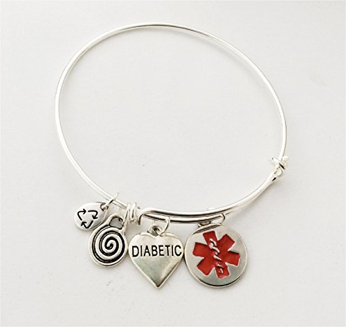 Diabetic Heart Medical Alert Bangle Bracelet, Emergency Health Charm Bracelet