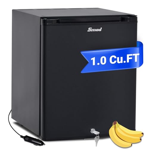 Image of Smad Locking Mini Fridge 1.0 cu.ft, 12V RV Refrigerator 12V / 110V Super Quiet 12V Fridge Reversible Door Absorption Refrigerator for RV, Truck, Camping, Boat Use, Black