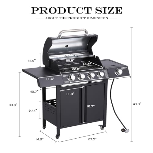 MAGIC UNION 4-Burner Propane Gas BBQ Grills with Side Burner, Cast Iron 50,000 BTU Patio Barbecue Grill with Stainless Steel Grates for Outdoor Cooking, Backyard, Garden