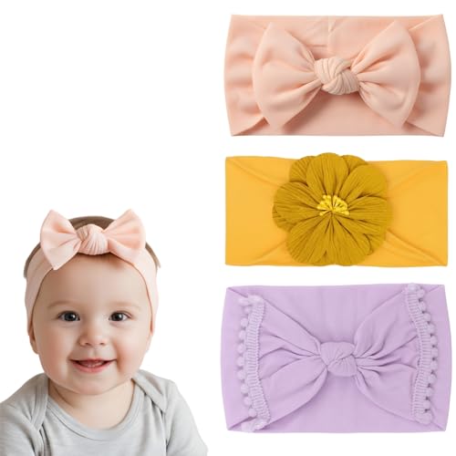 ANNA CREATIONS 3 Pcs Baby Headbands for Girls & Boys, Soft Stretchy Hair Bands with Cute Flower and Bow Design, Comfortable and Stylish Hair Accessories for Newborn, Infant and Toddler Babies