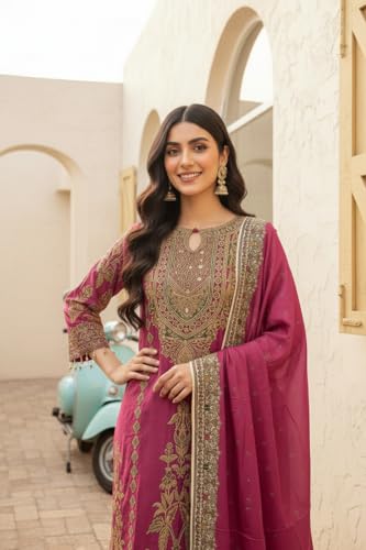 Image of Amazon Brand - Tavasya Womens Ethnic Motifs Embroidered Kurta Pant Set With Designer Long Dupatta