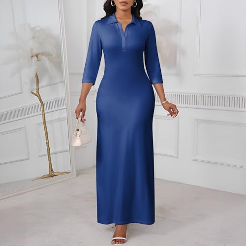 Image of PinkPatty Women's Casual 3 /4 Sleeve Polo V Neck Bodycon Maxi Dress